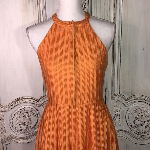 Cynthia Steffe Tangerine 🍊 Orange High Neck  Pleated Shirtwaist Sun Dress S/2 - Picture 2 of 14